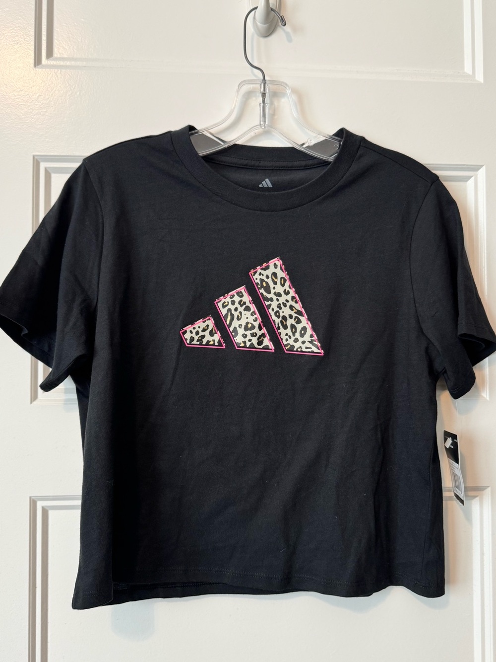 NWT adidas Girls L Black Leopard Print Logo T-Shirt